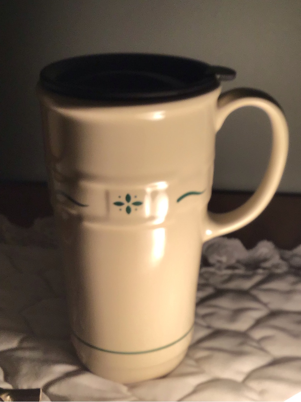Longaberger Cream Ceramic Travel Mug with Black Lid and Green Accents